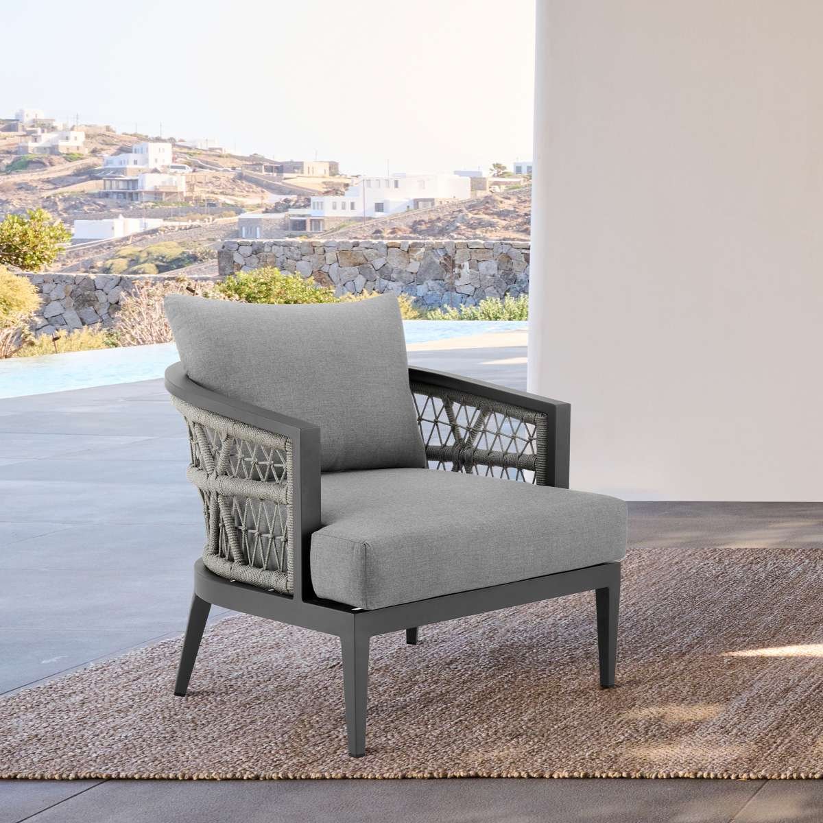 Zella Outdoor Patio Armchair in Aluminum with Light Gray Rope and Earl Gray Cushions By Armen Living | Outdoor Chairs | Modishstore