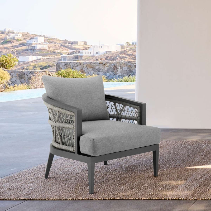 Zella Outdoor Patio Armchair in Aluminum with Light Gray Rope and Earl Gray Cushions By Armen Living | Outdoor Chairs | Modishstore