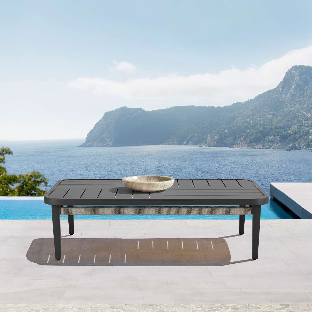 Zella Rectangular Coffee Table in Aluminum with Charcoal Finish and Light Gray Rope By Armen Living | Outdoor Tables | Modishstore