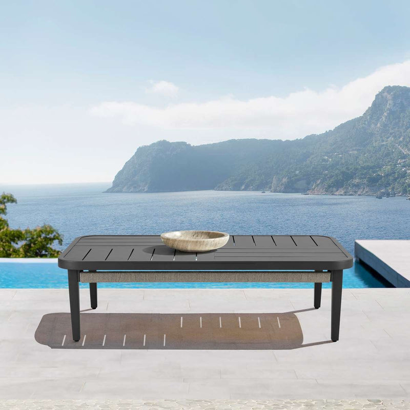 Zella Rectangular Coffee Table in Aluminum with Charcoal Finish and Light Gray Rope By Armen Living | Outdoor Tables | Modishstore