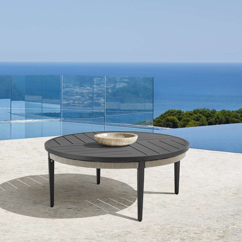 Zella Round Coffee Table in Aluminum with Charcoal Finish and Light Gray Rope By Armen Living | Outdoor Tables | Modishstore