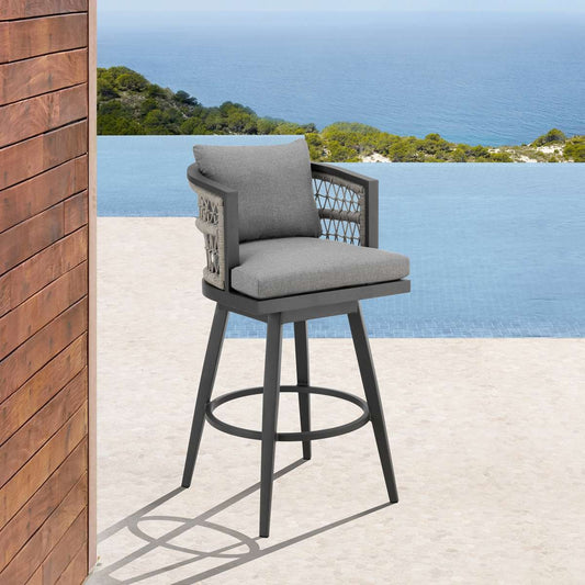 Zella Outdoor Patio Swivel Counter Stool in Aluminum with Light Gray Rope and Earl Gray Cushions By Armen Living | Bar Stools | Modishstore