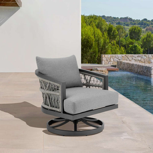 Zella Outdoor Patio Swivel Armchair in Aluminum with Light Gray Rope and Earl Gray Cushions By Armen Living | Outdoor Chairs | Modishstore