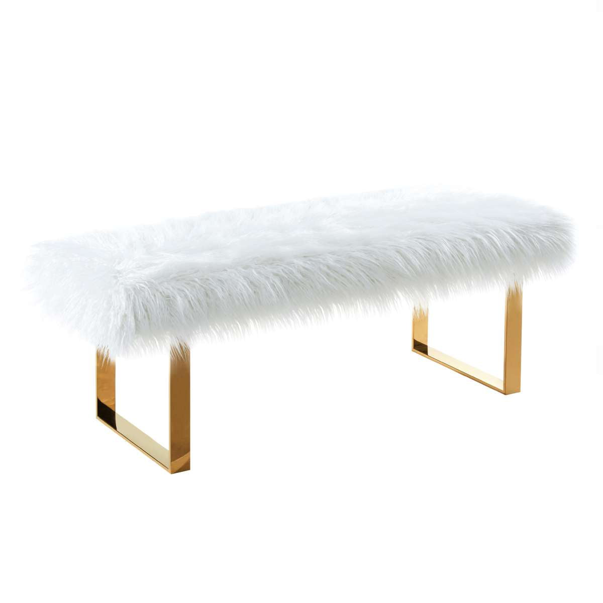 Zinna Contemporary Bench in White Fur and Gold Stainless Steel Finish By Armen Living | Benches | Modishstore - 2
