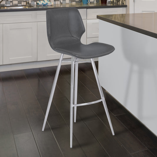 Zurich 26" Counter Height Metal Barstool in Vintage Gray Faux Leather with Brushed Stainless Steel Finish By Armen Living | Bar Stools | Modishstore