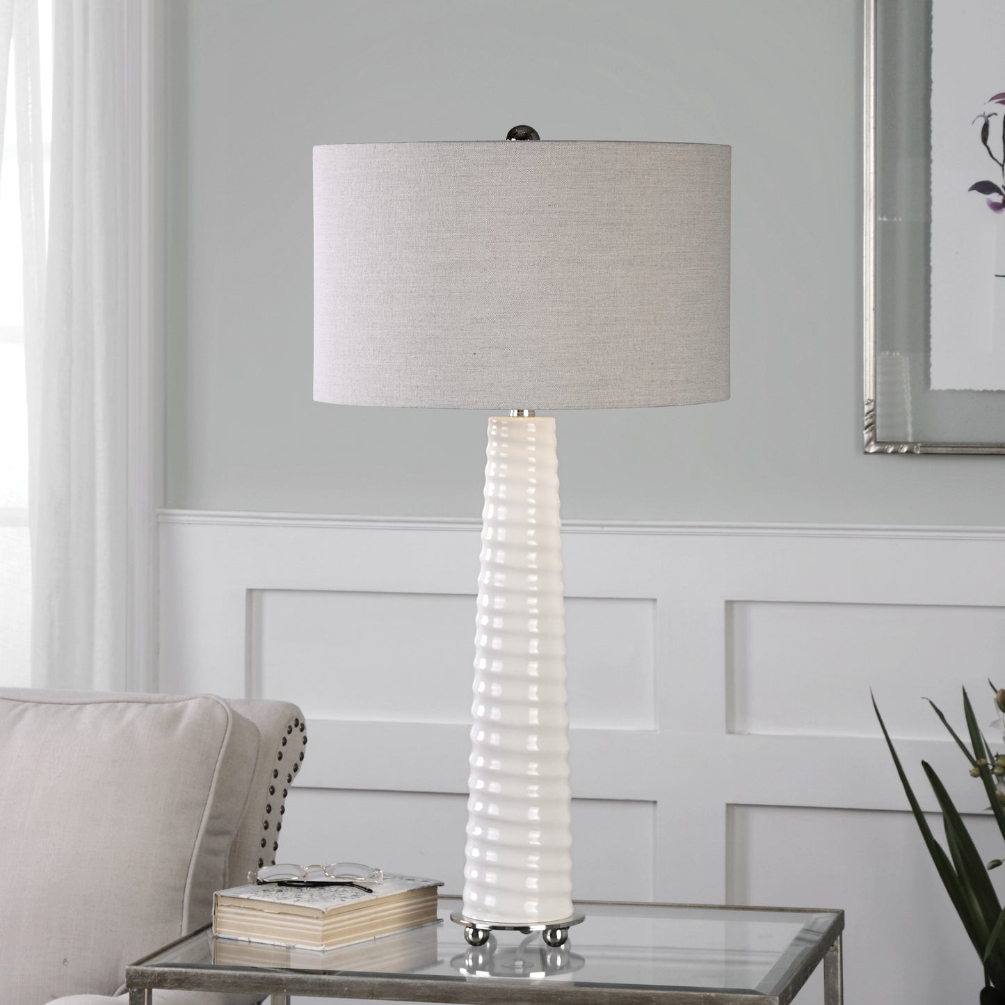 Uttermost Mavone Gloss White Table Lamp | Modishstore | Table Lamps
