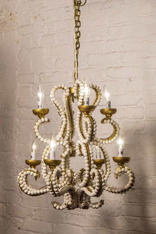Vagabond Vintage Iron Chandelier with Whitewashed Wood Beads - Small | Modishstore | Chandeliers