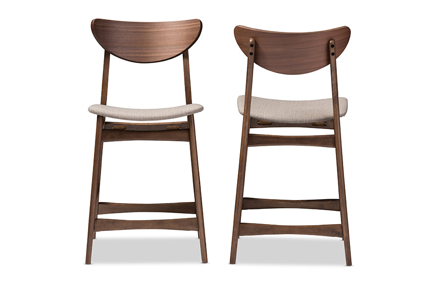 Baxton Studio Latina Mid-century Retro Modern Scandinavian Style Light Grey Fabric Upholstered Walnut Wood Finishing 24-Inches Counter Stool (Set of 2) | Bar Stools | Modishstore - 2
