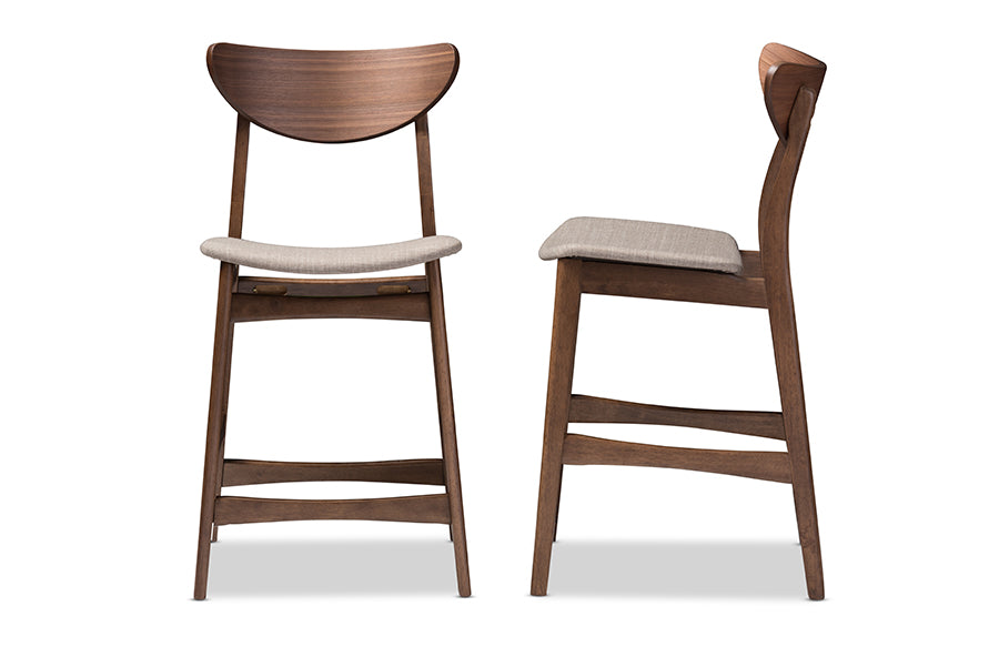 Baxton Studio Latina Mid-century Retro Modern Scandinavian Style Light Grey Fabric Upholstered Walnut Wood Finishing 24-Inches Counter Stool (Set of 2) | Bar Stools | Modishstore - 3