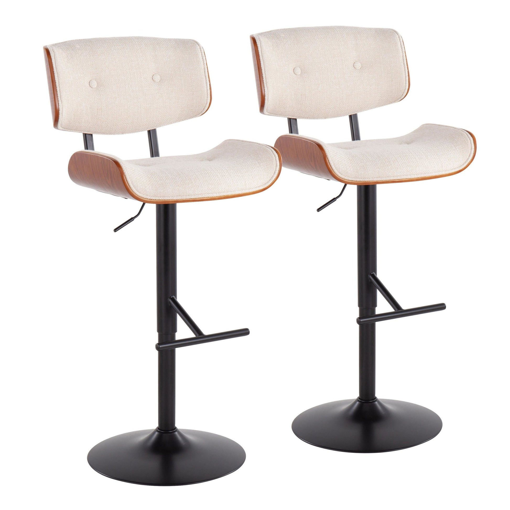 Lombardi Mid-Century Modern Adjustable Barstool with Swivel in Black Metal, Cream Noise Fabric and Walnut Wood Accent By LumiSource - Set of 2 | Bar Stools | Modishstore - 3
