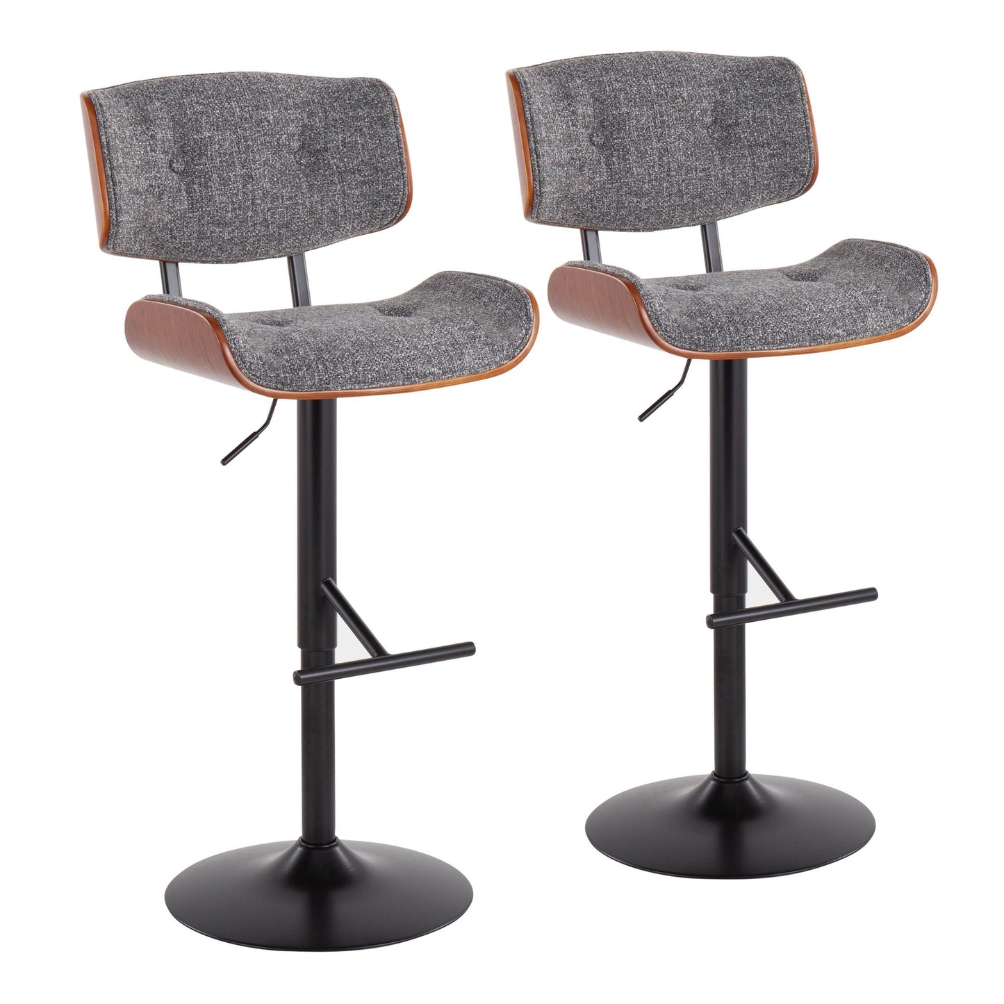 Lombardi Mid-Century Modern Adjustable Barstool with Swivel in Black Metal, Cream Noise Fabric and Walnut Wood Accent By LumiSource - Set of 2 | Bar Stools | Modishstore - 12