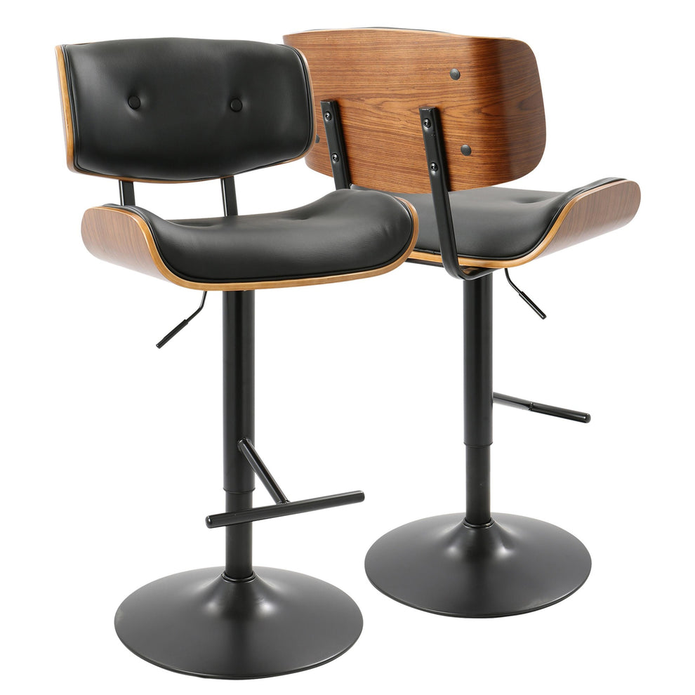 Lombardi Mid-Century Modern Adjustable Barstool with Swivel in Black Metal, Walnut Wood and Black Faux Leather By LumiSource - Set of 2 | Bar Stools | Modishstore - 8