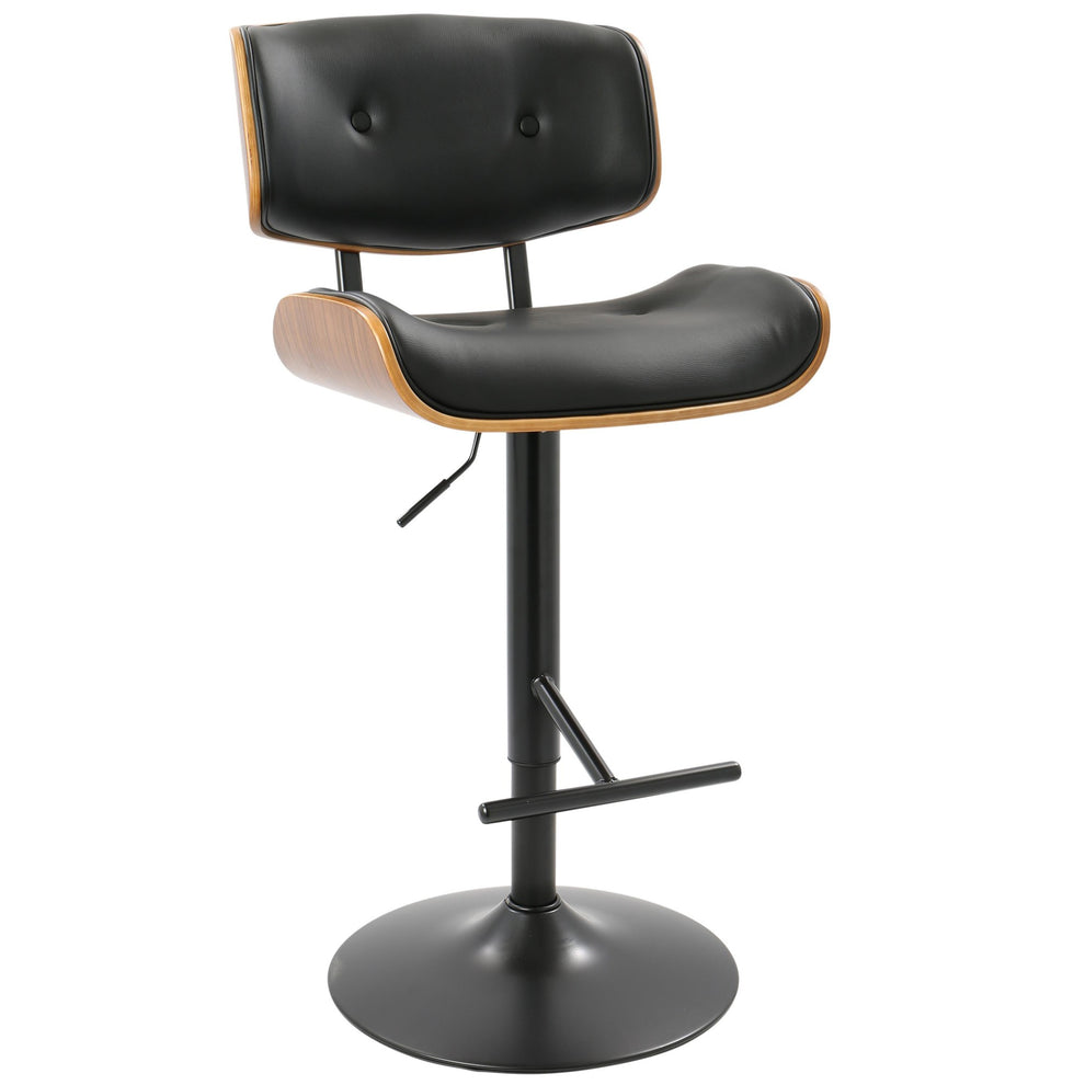 Lombardi Mid-Century Modern Adjustable Barstool with Swivel in Black Metal, Walnut Wood and Black Faux Leather By LumiSource - Set of 2 | Bar Stools | Modishstore - 9