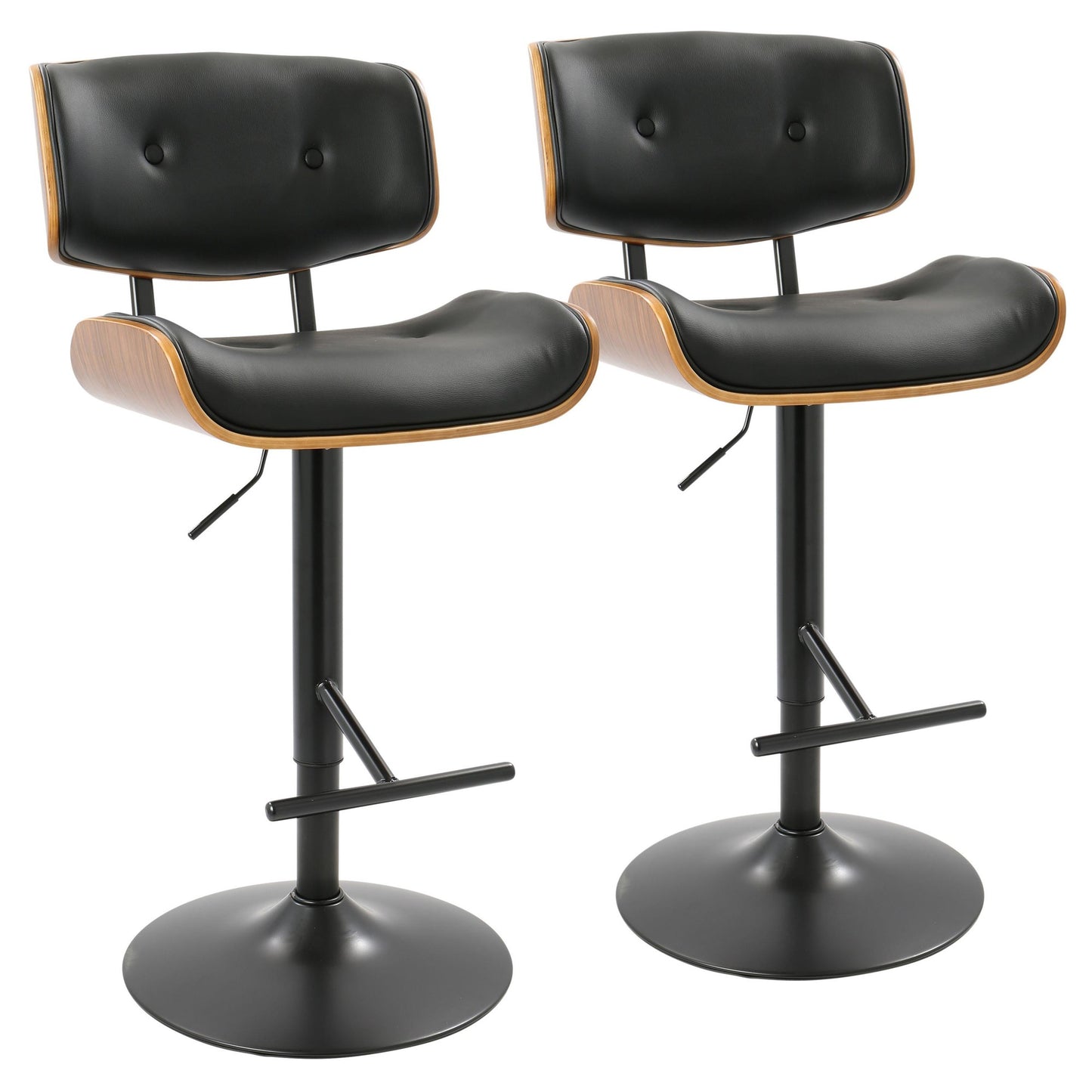 Lombardi Mid-Century Modern Adjustable Barstool with Swivel in Black Metal, Walnut Wood and Black Faux Leather By LumiSource - Set of 2 | Bar Stools | Modishstore - 2