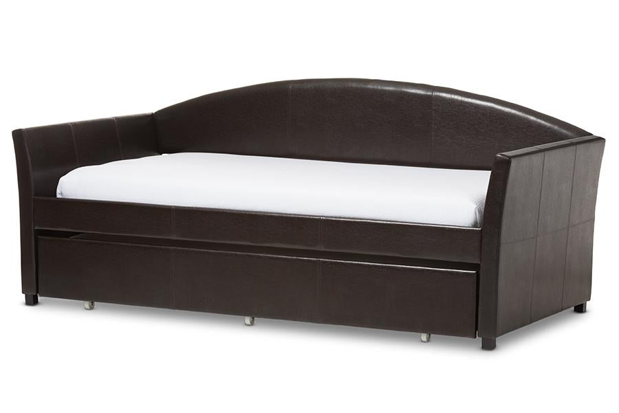 baxton studio london modern and contemporary brown faux leather arched back sofa twin daybed with roll out trundle guest bed | Modish Furniture Store-2