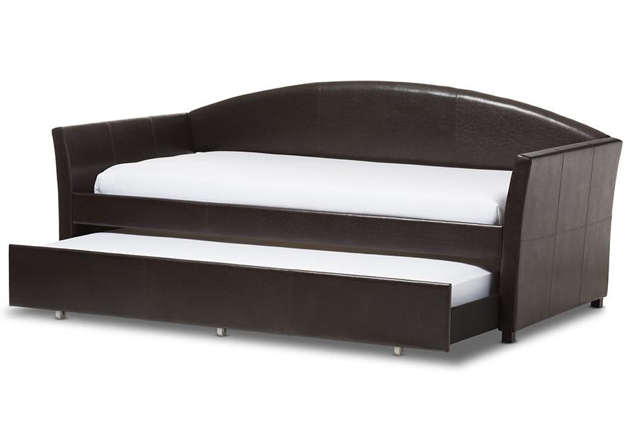 baxton studio london modern and contemporary brown faux leather arched back sofa twin daybed with roll out trundle guest bed | Modish Furniture Store-3