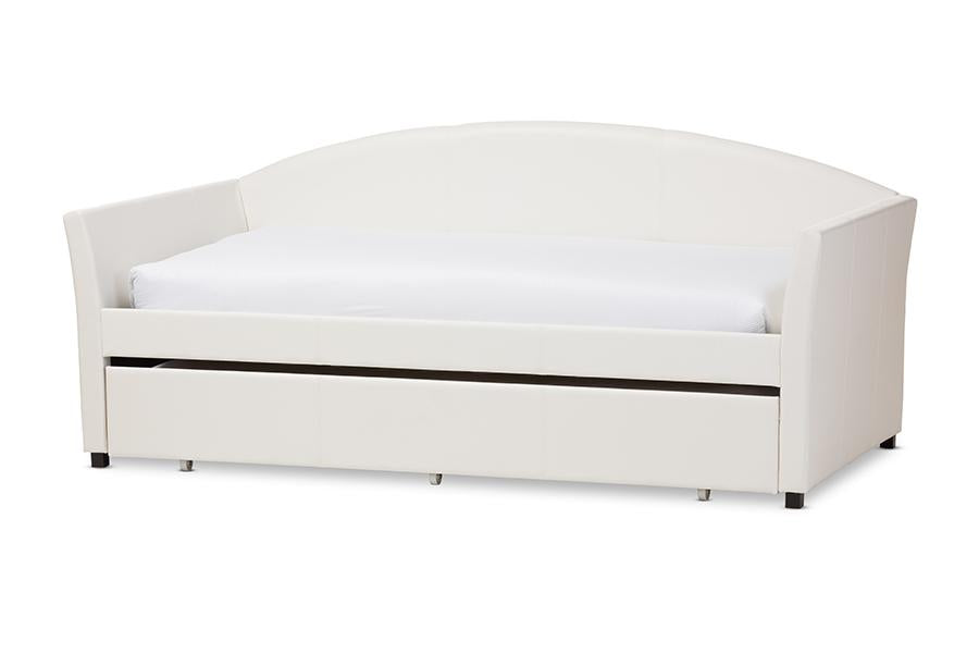 baxton studio london modern and contemporary white faux leather arched back sofa twin daybed with roll out trundle guest bed | Modish Furniture Store-2