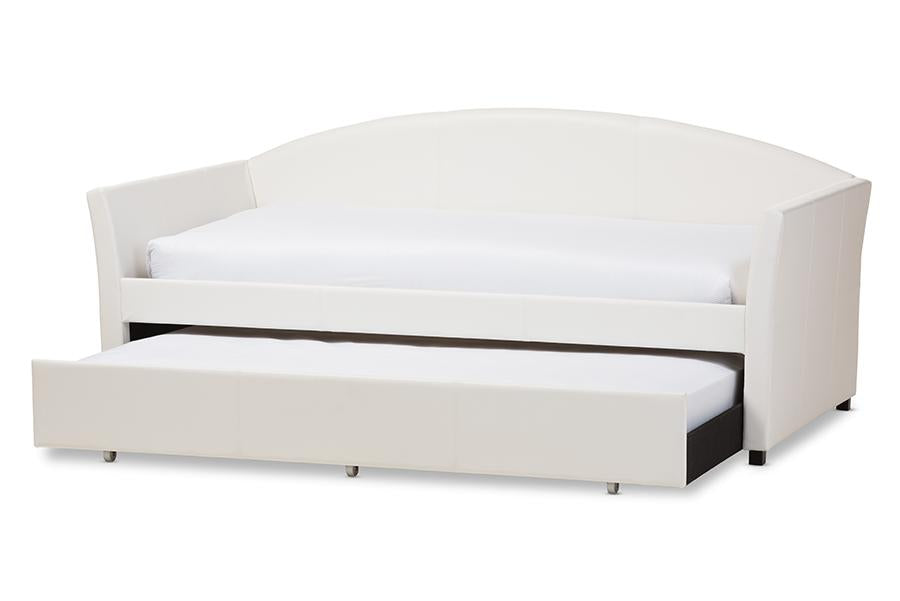 baxton studio london modern and contemporary white faux leather arched back sofa twin daybed with roll out trundle guest bed | Modish Furniture Store-3