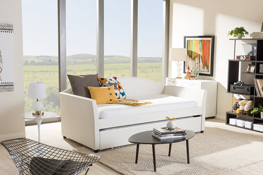 Baxton Studio London Modern and Contemporary White Faux Leather Arched Back Sofa Twin Daybed with Roll-Out Trundle Guest Bed | Modishstore | Beds