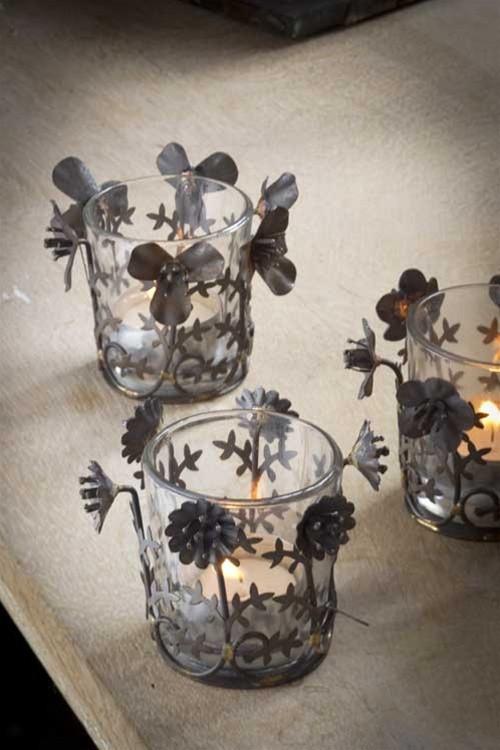 Vagabond Vintage Metal Botanical Votives With Glass Inserts - Set of 6 | Modishstore | Candle Holders