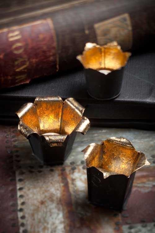 Vagabond Vintage 3 Dark Metal Votives With Gold Leaf Interior | Modishstore | Candle Holders