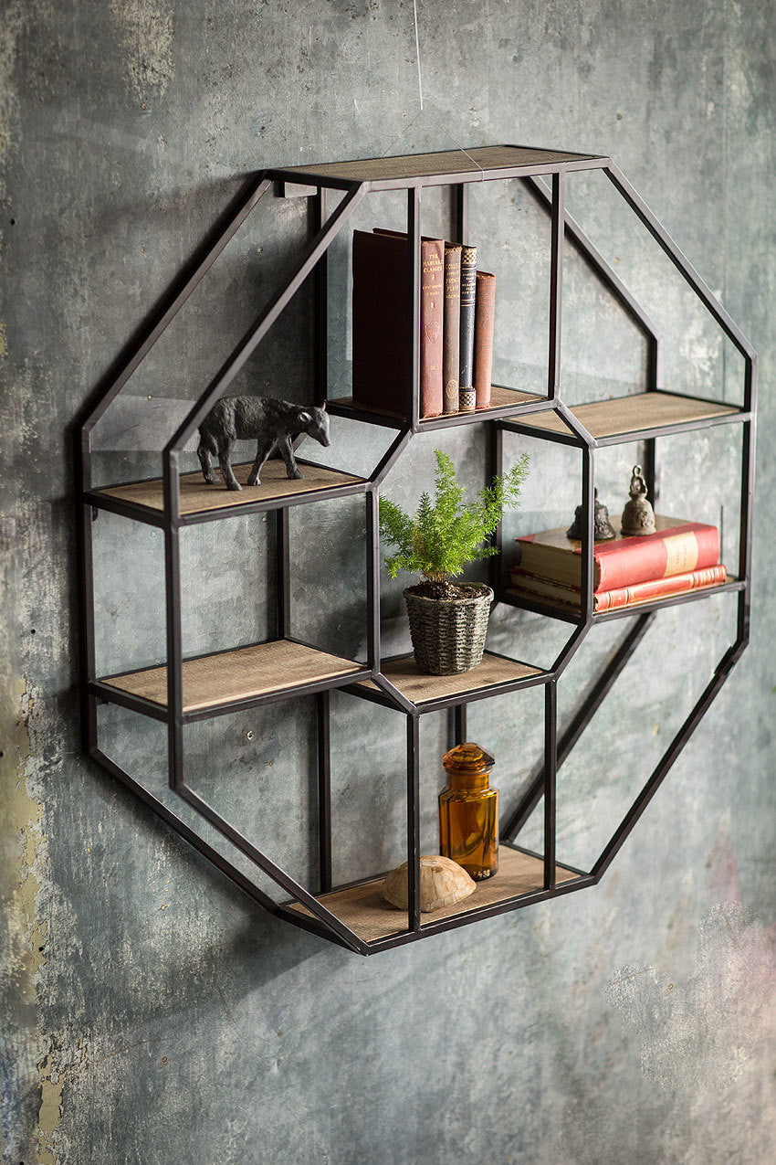 Vagabond Vintage Iron and Wood Hexagonal Shelf | Modishstore | Wall Shelf