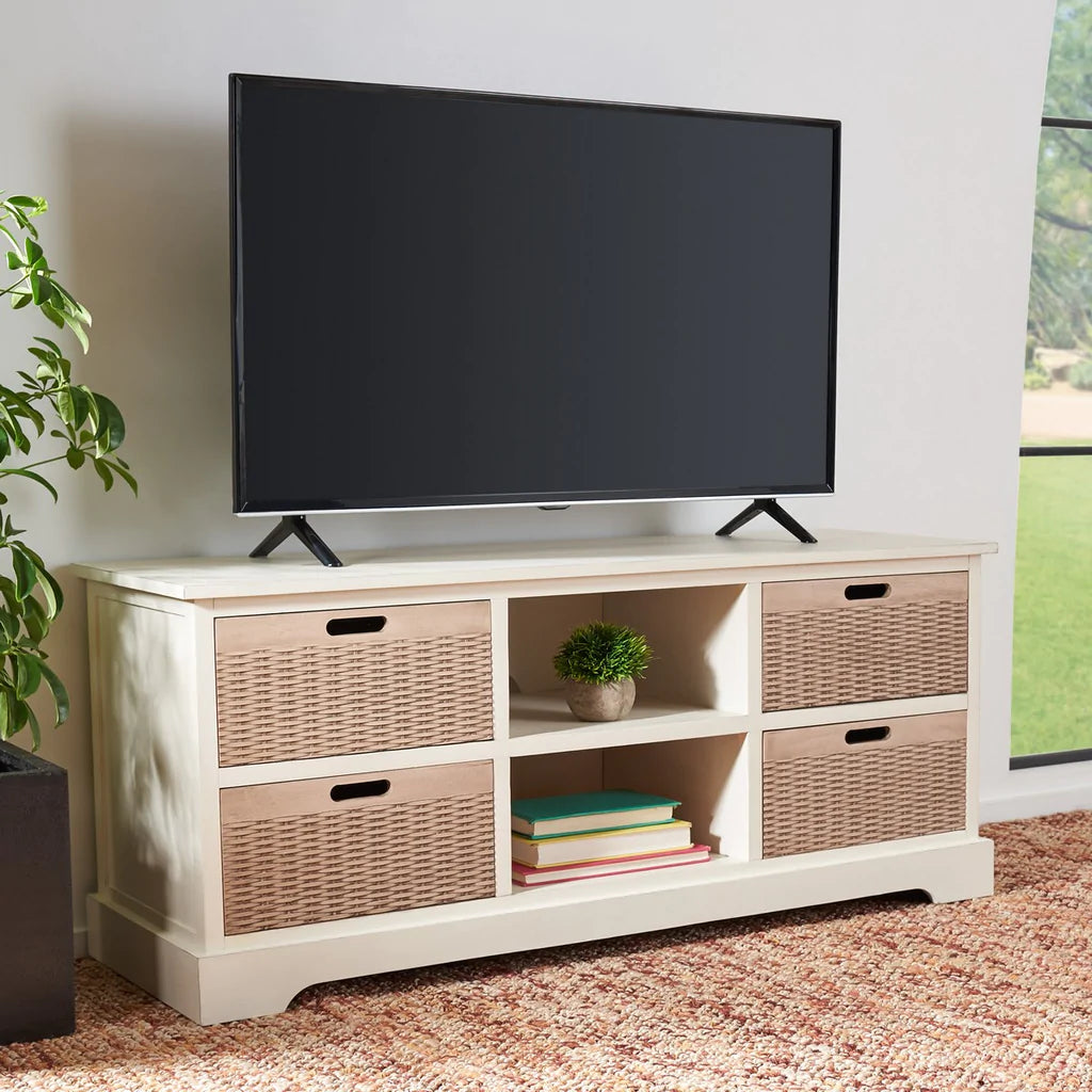 Safavieh Landers 4 Drawer Media Stand - Distressed White | TV Stands | Modishstore