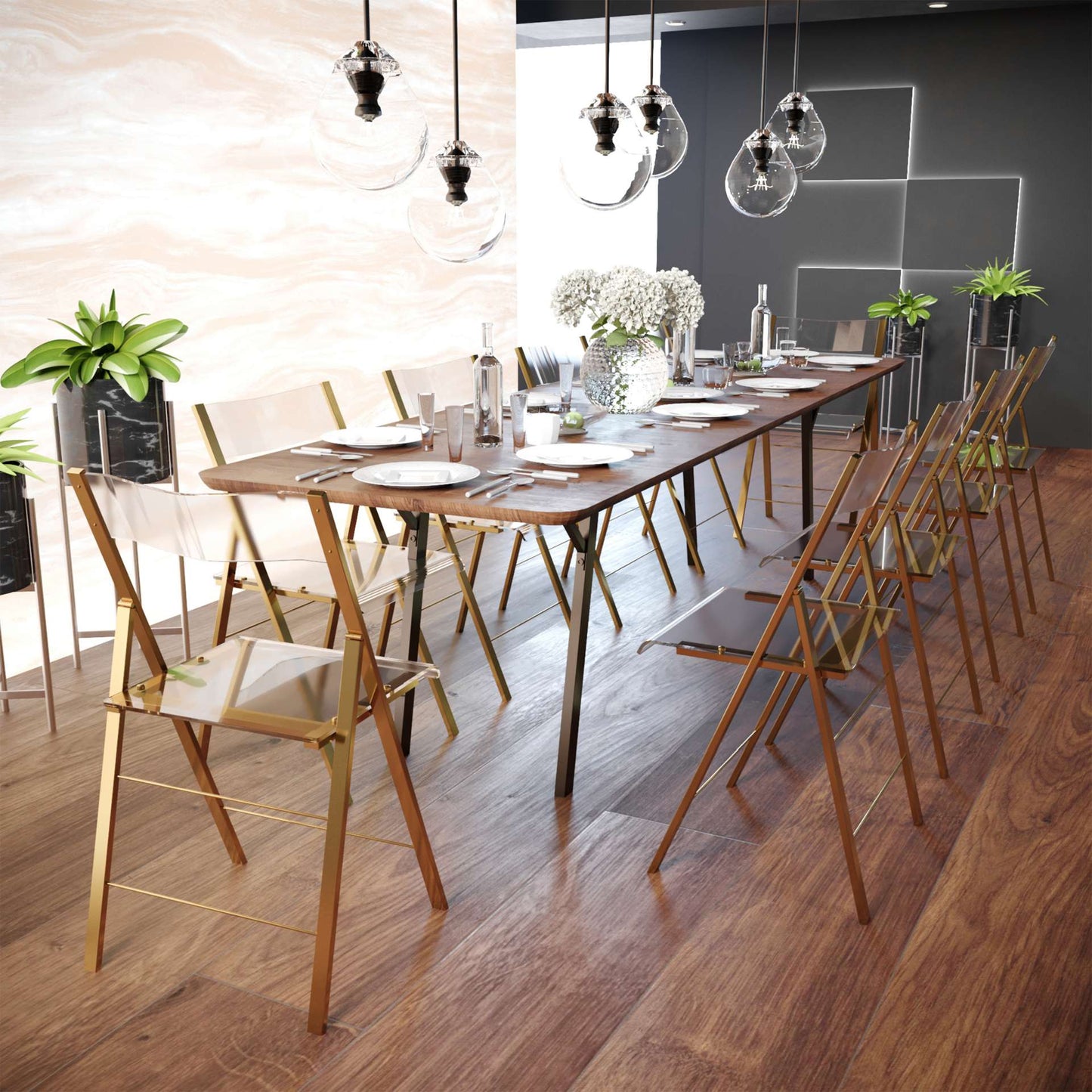 LeisureMod Menno Modern Acrylic Gold Base Folding Chair, Set of 4 | Dining Chairs | Modishstore