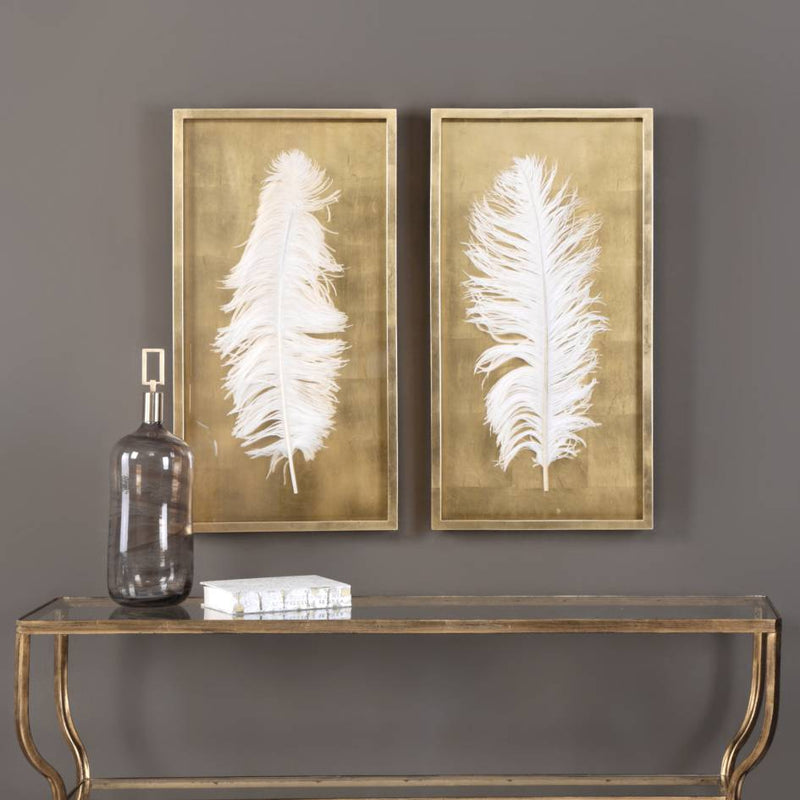 Uttermost White Feathers Gold Shadow Box S/2 | Modishstore | Wall Art