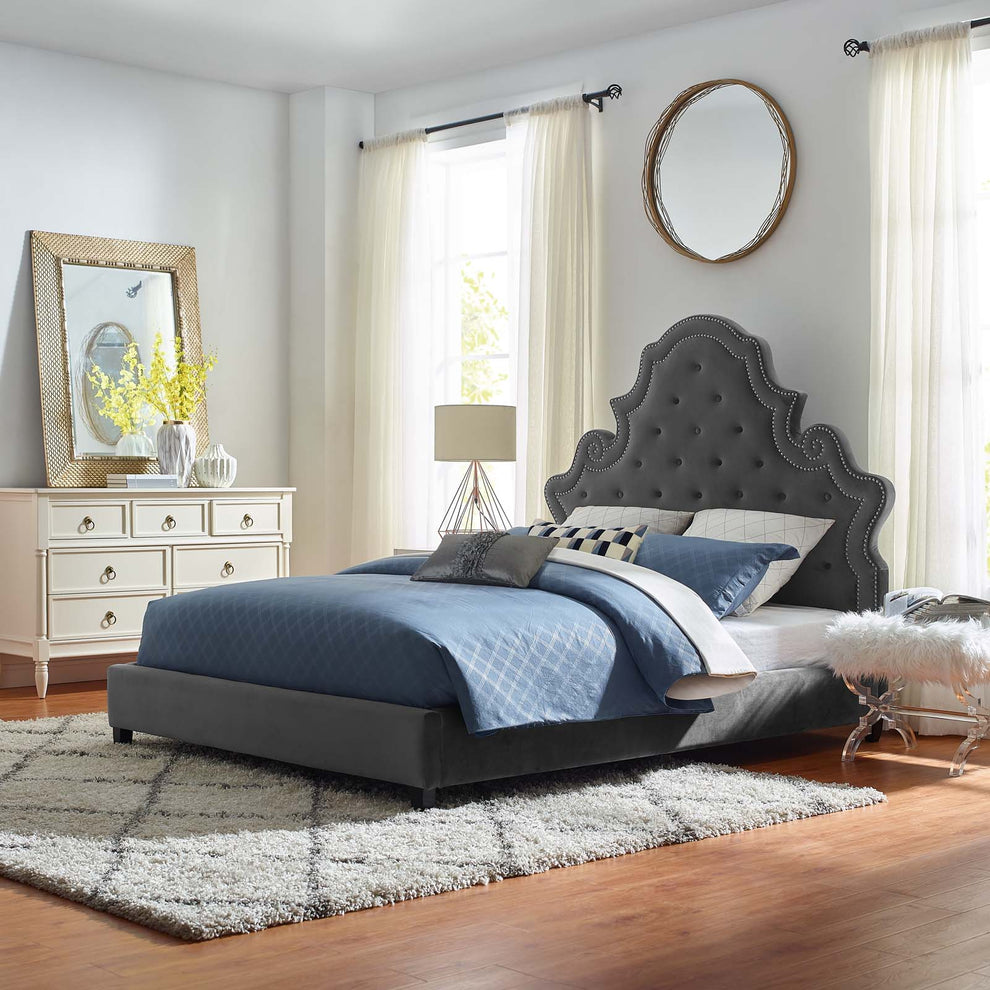 Modway Valentina Queen Tufted Nailhead Performance Velvet Platform Bed - MOD-5808 | Beds | Modishstore - 1