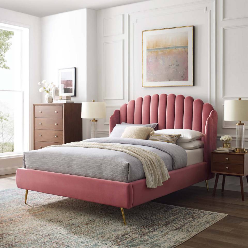 Modway Lana Queen Performance Velvet Wingback Platform Bed - MOD-6282 | Beds | Modishstore - 1