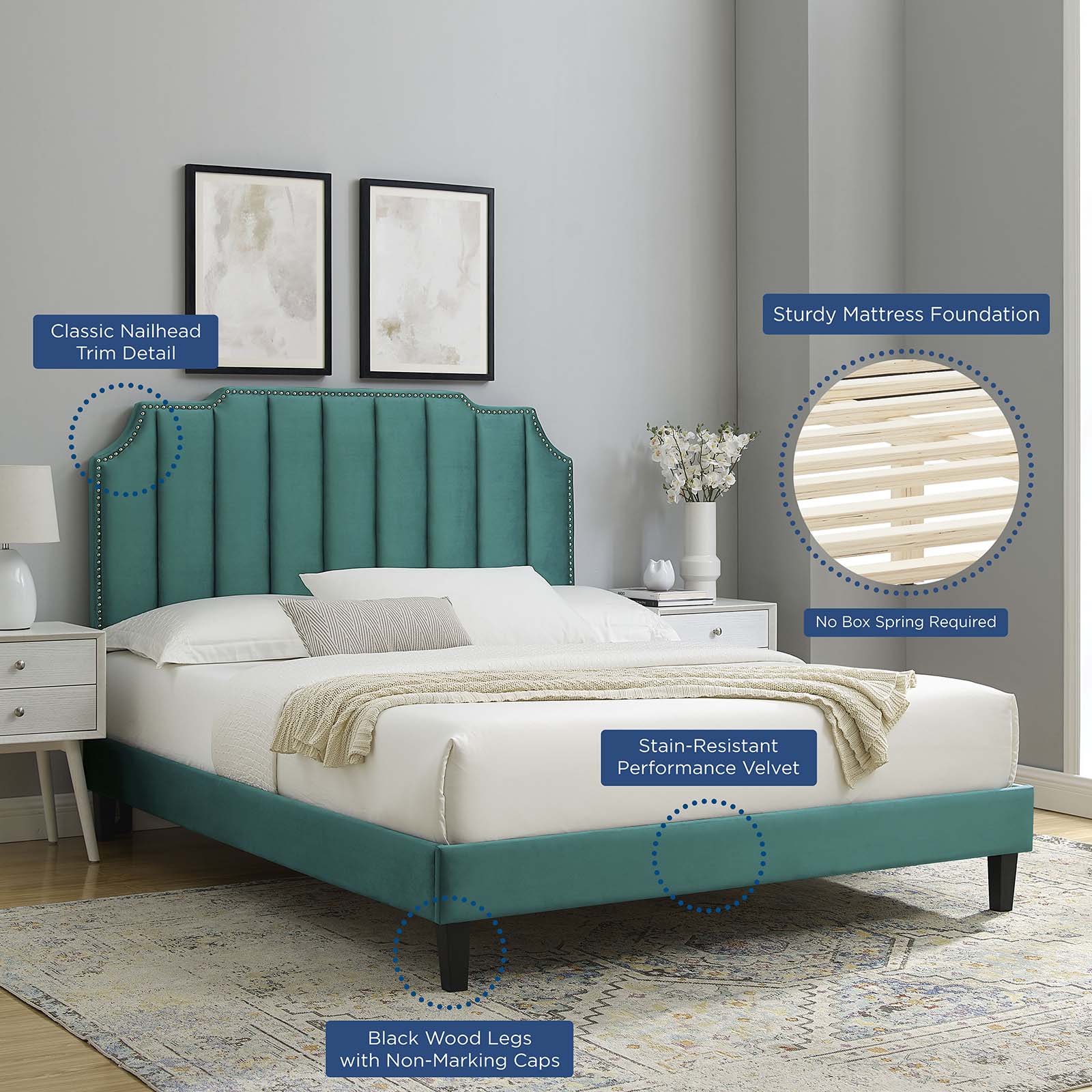 Colette Queen Performance Velvet Platform Bed By Modway - MOD-6585 | Beds | Modishstore - 105