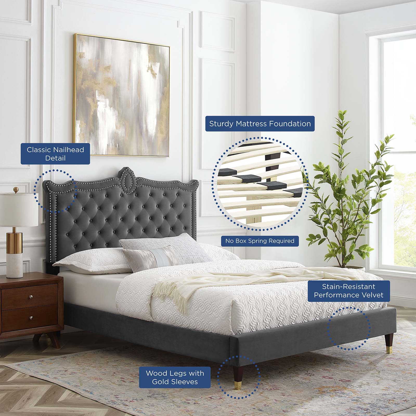 Clara Performance Velvet Queen Platform Bed By Modway - MOD-6593 | Beds | Modishstore - 4