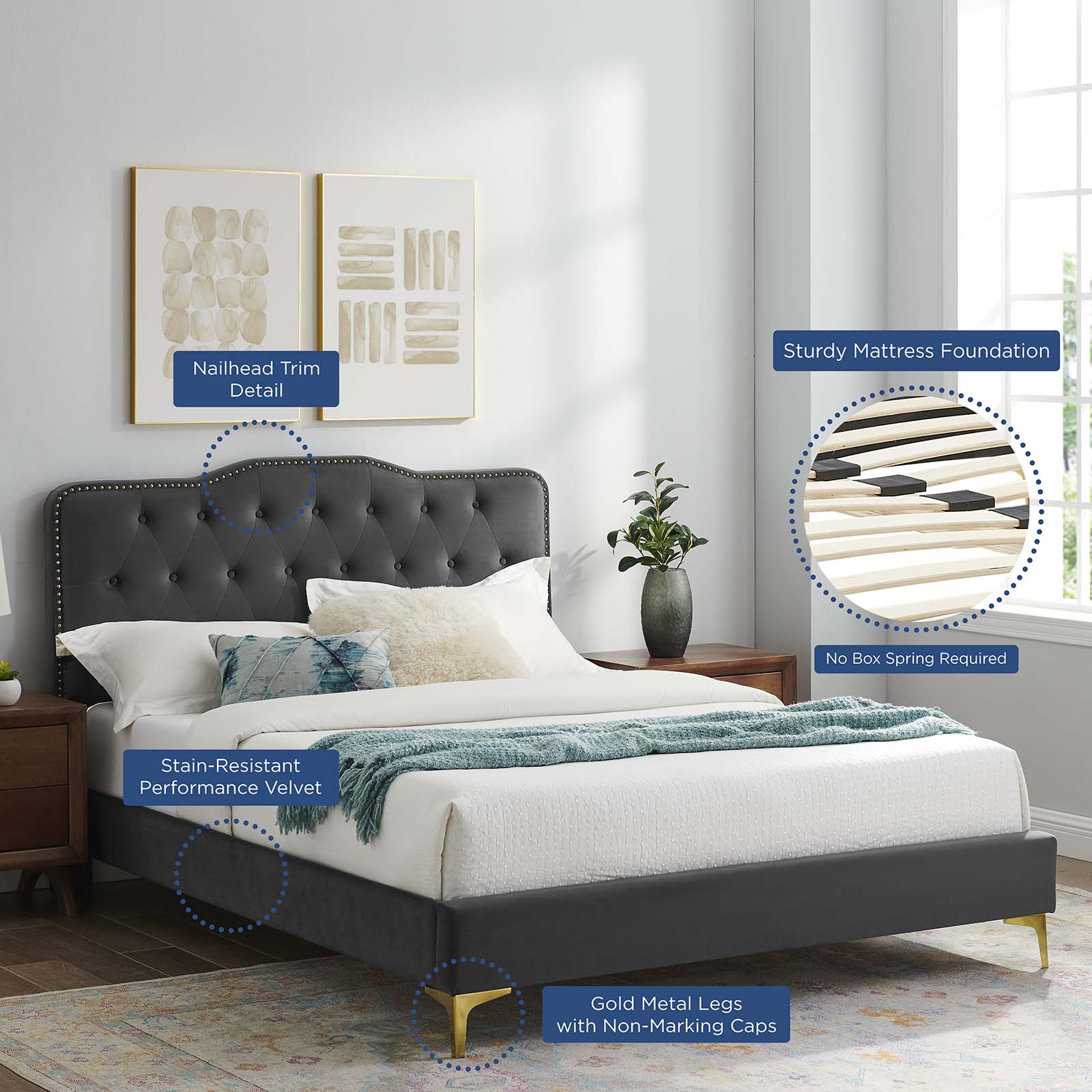 Amber Performance Velvet Queen Platform Bed By Modway - MOD-6775 | Beds | Modishstore - 7