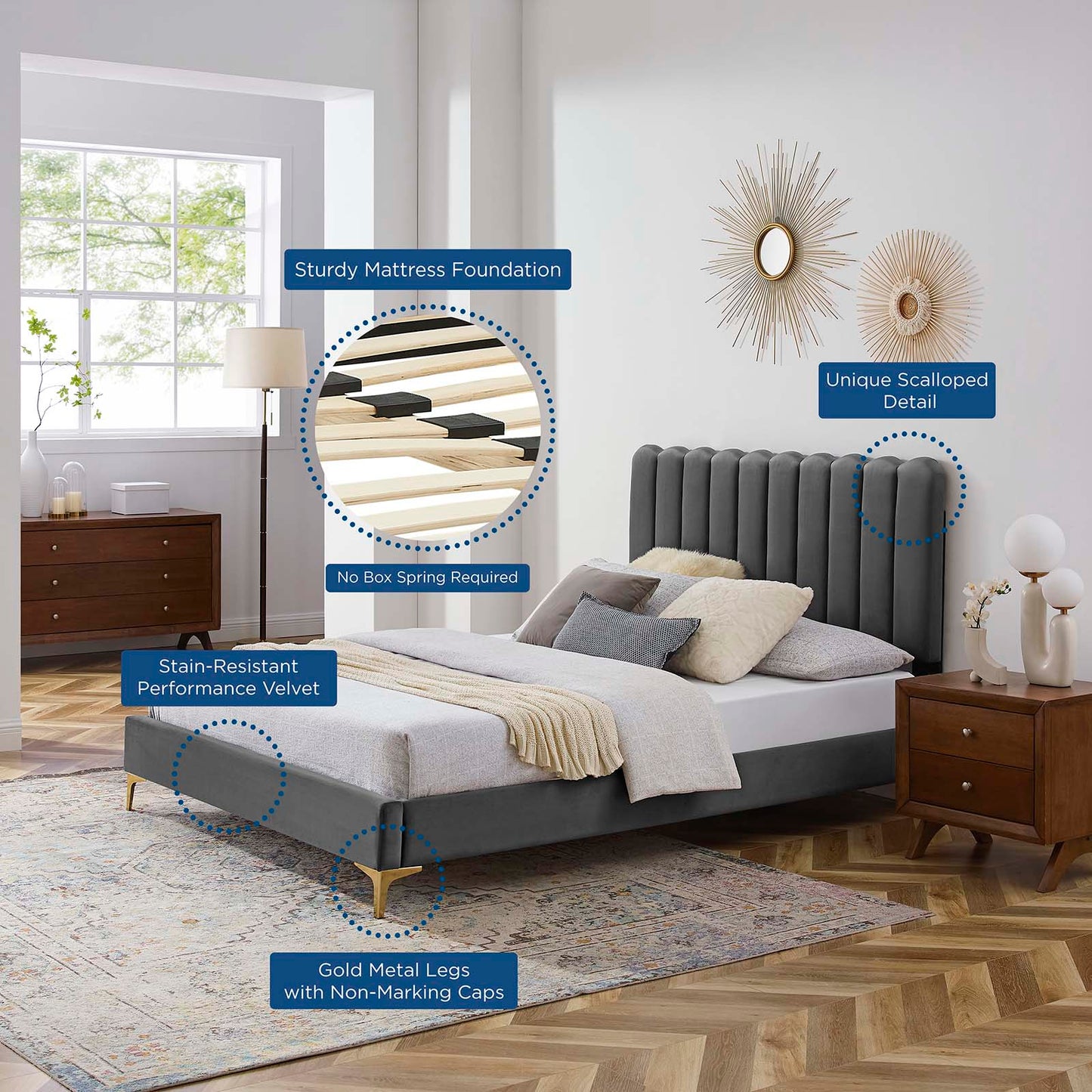 Reagan King Performance Velvet Platform Bed By Modway - MOD-7076 | Beds | Modishstore - 9