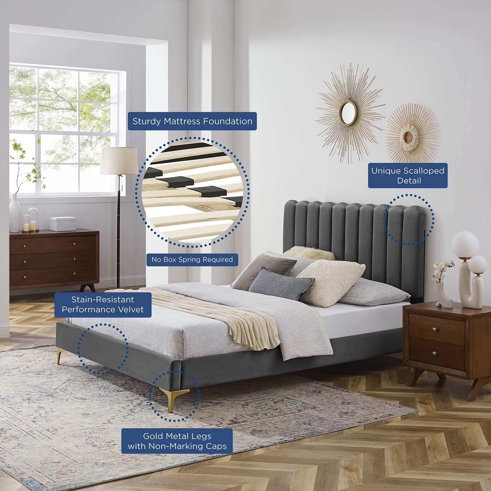 Reagan King Performance Velvet Platform Bed By Modway - MOD-7076 | Beds | Modishstore - 9