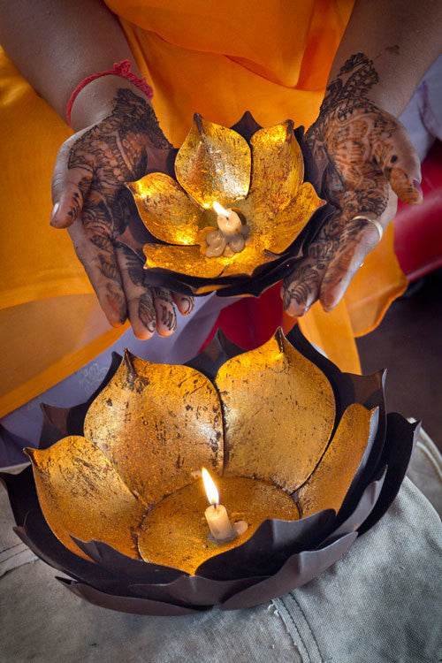 Vagabond Vintage Gold Leafed Metal Lotus Bowls - Set of 2 | Modishstore | Candle Holders-3