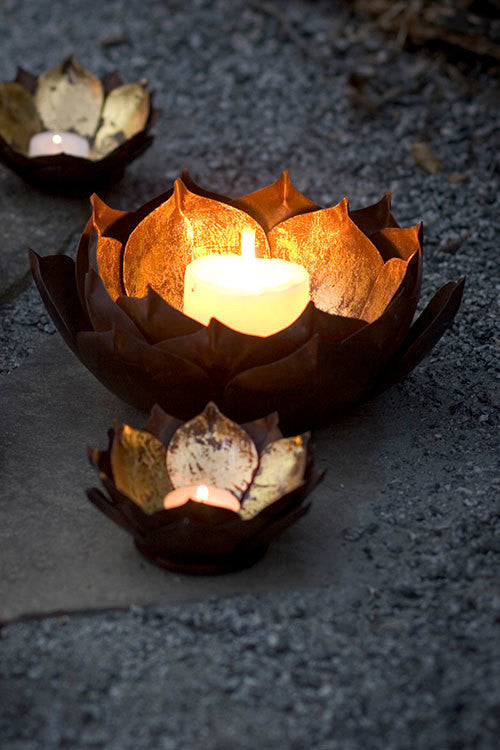Vagabond Vintage Gold Leafed Metal Lotus Bowls - Set of 2 | Modishstore | Candle Holders