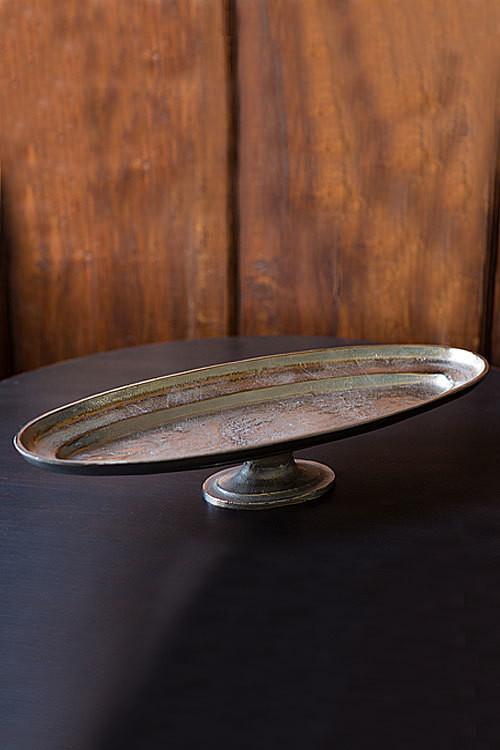 Vagabond Vintage Oval Metal Platter on Pedestal | Modishstore | Trays & Pedestals