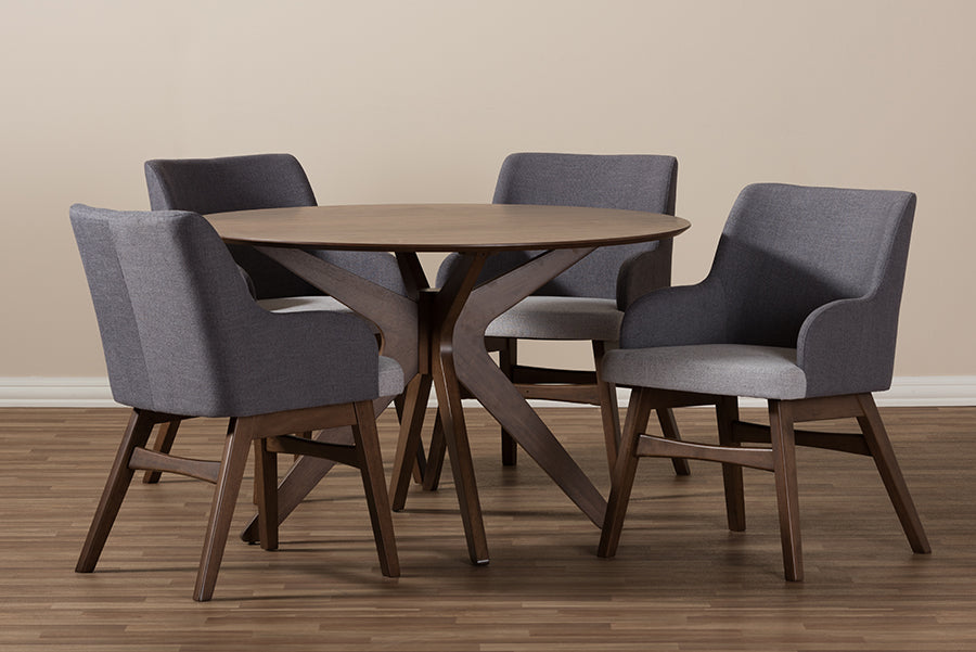 baxton studio monte mid century modern walnut wood round 5 piece dining set | Modish Furniture Store-6