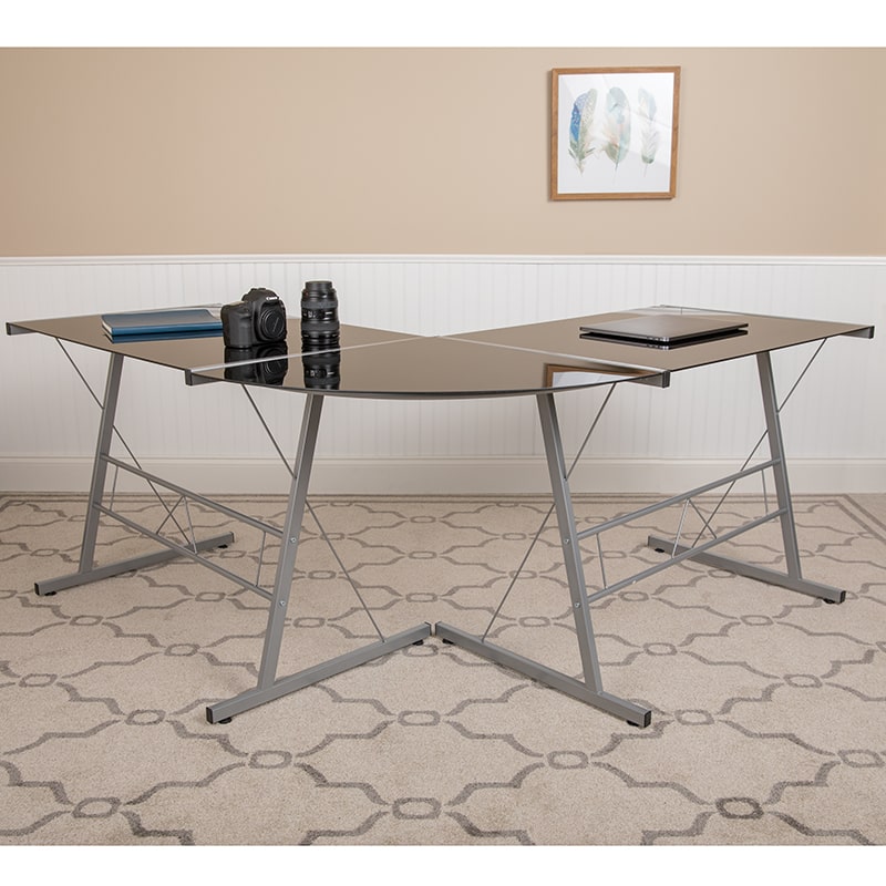 Glass L-Shape Corner Computer Desk with Silver Metal Frame | Desks | Modishstore - 7