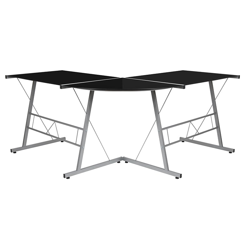 Glass L-Shape Corner Computer Desk with Silver Metal Frame | Desks | Modishstore - 1