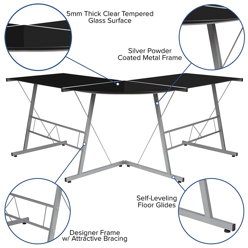 Glass L-Shape Corner Computer Desk with Silver Metal Frame | Desks | Modishstore - 3