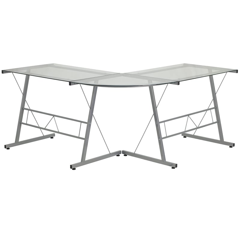 Glass L-Shape Corner Computer Desk with Silver Metal Frame | Desks | Modishstore - 12