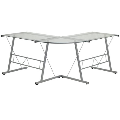 Glass L-Shape Corner Computer Desk with Silver Metal Frame | Desks | Modishstore - 12