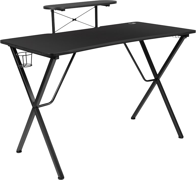 Black Gaming Desk with Cup Holder, Headphone Hook, and Monitor/Smartphone Stand by Flash Furniture | Desks | Modishstore - 11