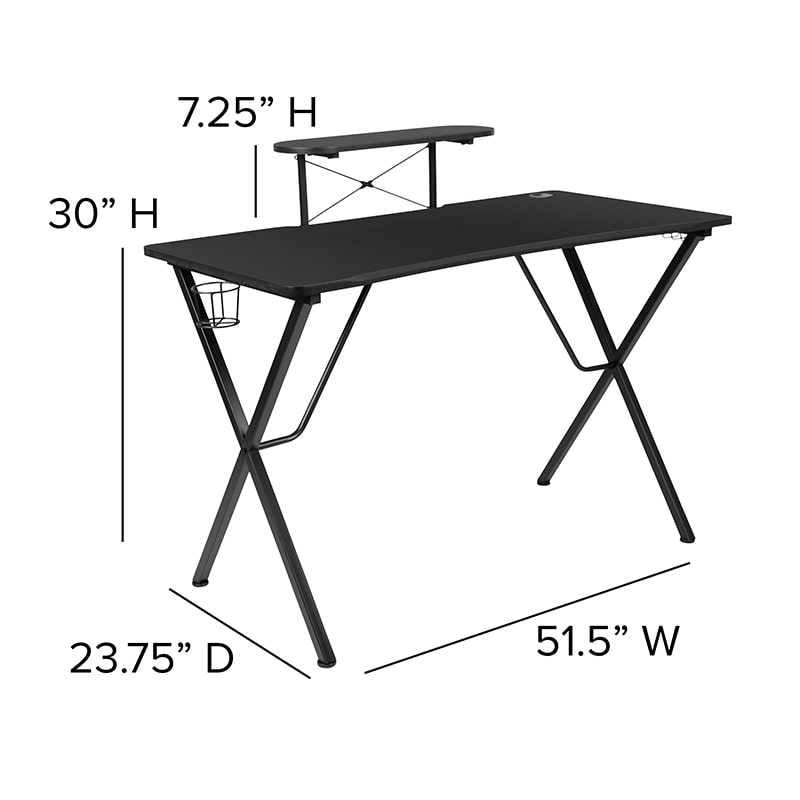 Black Gaming Desk with Cup Holder, Headphone Hook, and Monitor/Smartphone Stand by Flash Furniture | Desks | Modishstore - 2