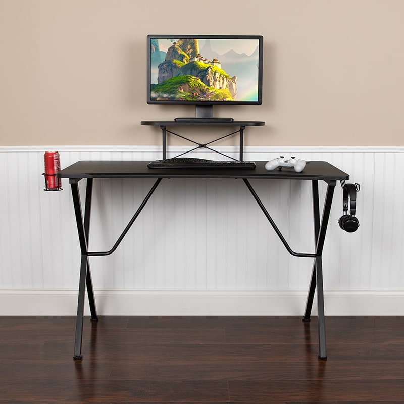 Black Gaming Desk with Cup Holder, Headphone Hook, and Monitor/Smartphone Stand by Flash Furniture | Desks | Modishstore - 10
