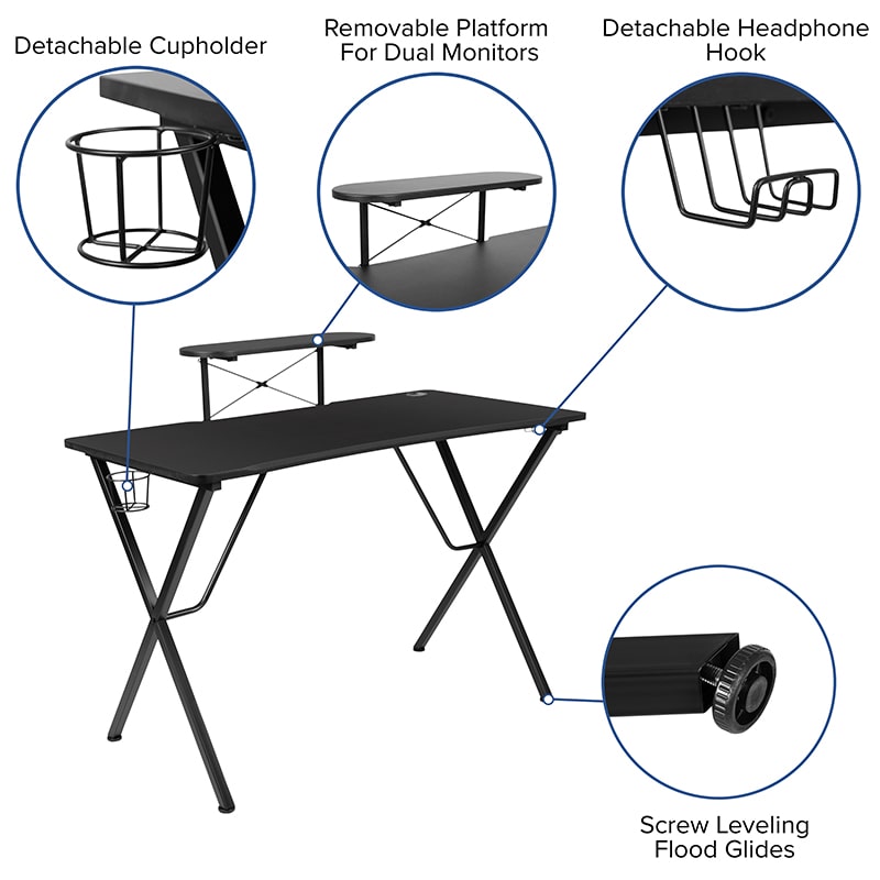 Black Gaming Desk with Cup Holder, Headphone Hook, and Monitor/Smartphone Stand by Flash Furniture | Desks | Modishstore - 5