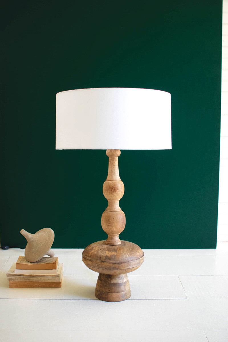 Carved Wooden Table Lamp With Of White Barrel Shade By Kalalou | Table Lamps | Modishstore